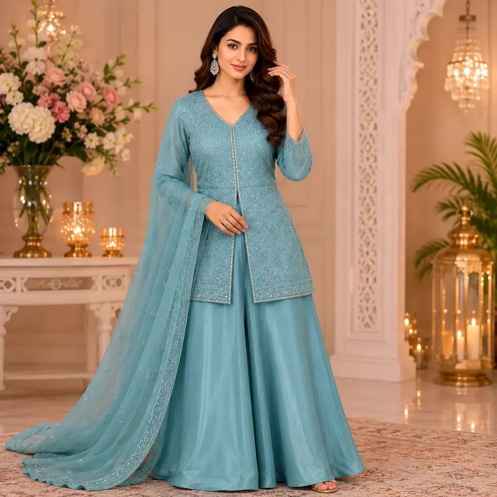 Women's Sky Blue Embroidered Kurti Palazzo Set with Dupatta