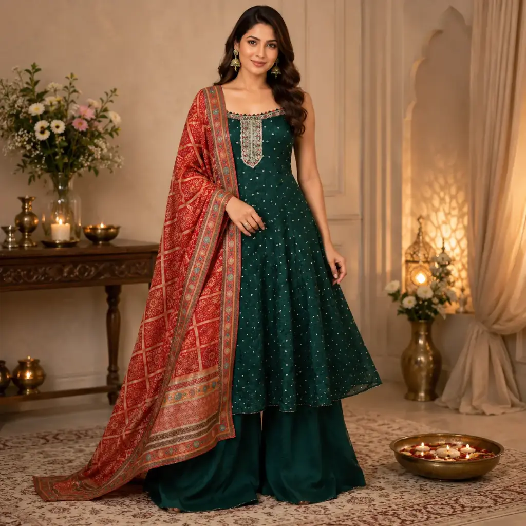 Women's Bottle Green Embroidered Kurta Palazzo Set with Printed Dupatta