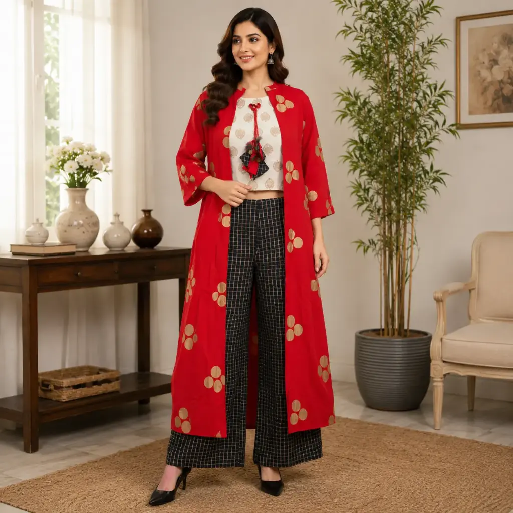Women's Red Indo Western Shrug Style Co-Ord Set with Crop Top & Check Palazzo Pants
