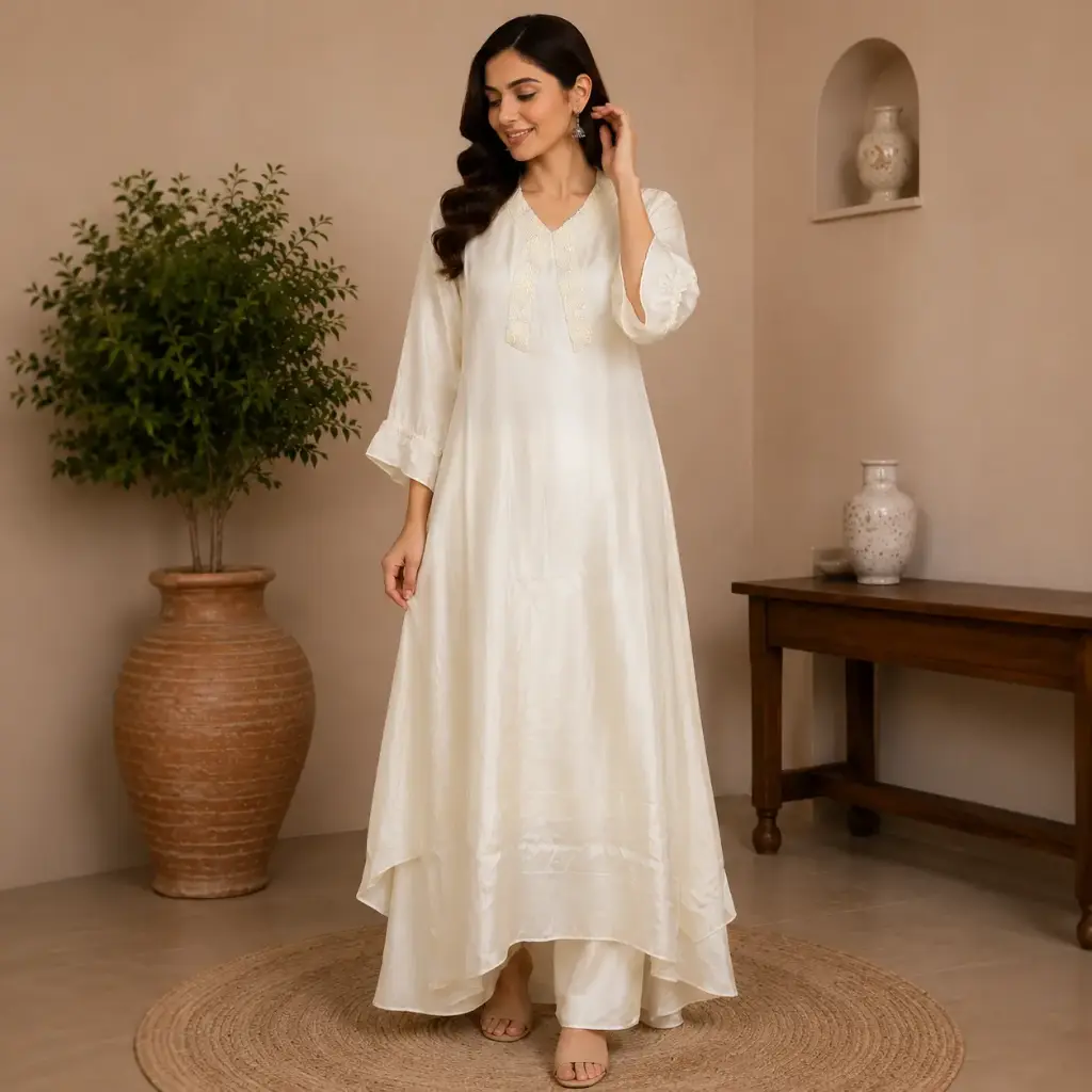 Women's Ivory Satin Long Kurta Set | Elegant Designer Ethnic Dress
