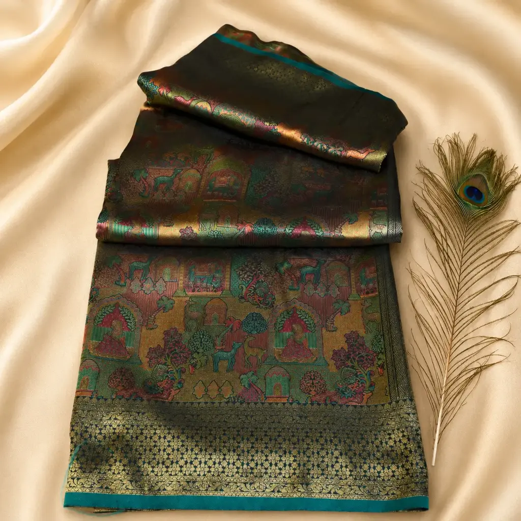 Dark Brocade Silk Saree with Peacock Story Pallu, Teal Border & Gold Zari