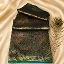 Dark Brocade Silk Saree with Peacock Story Pallu, Teal Border & Gold Zari