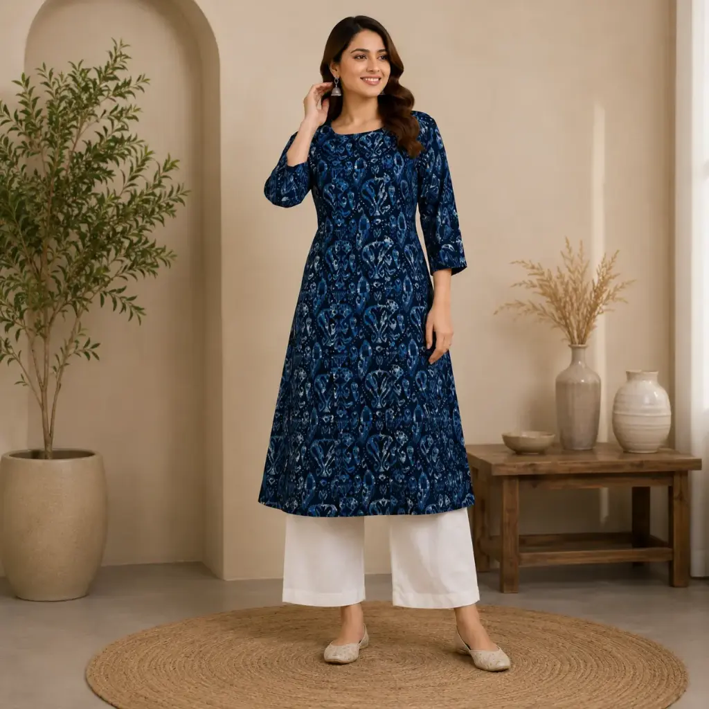 Women's Printed Kurti with Parallel Pant Set | Elegant Blue Ethnic Wear with 3/4 Sleeves