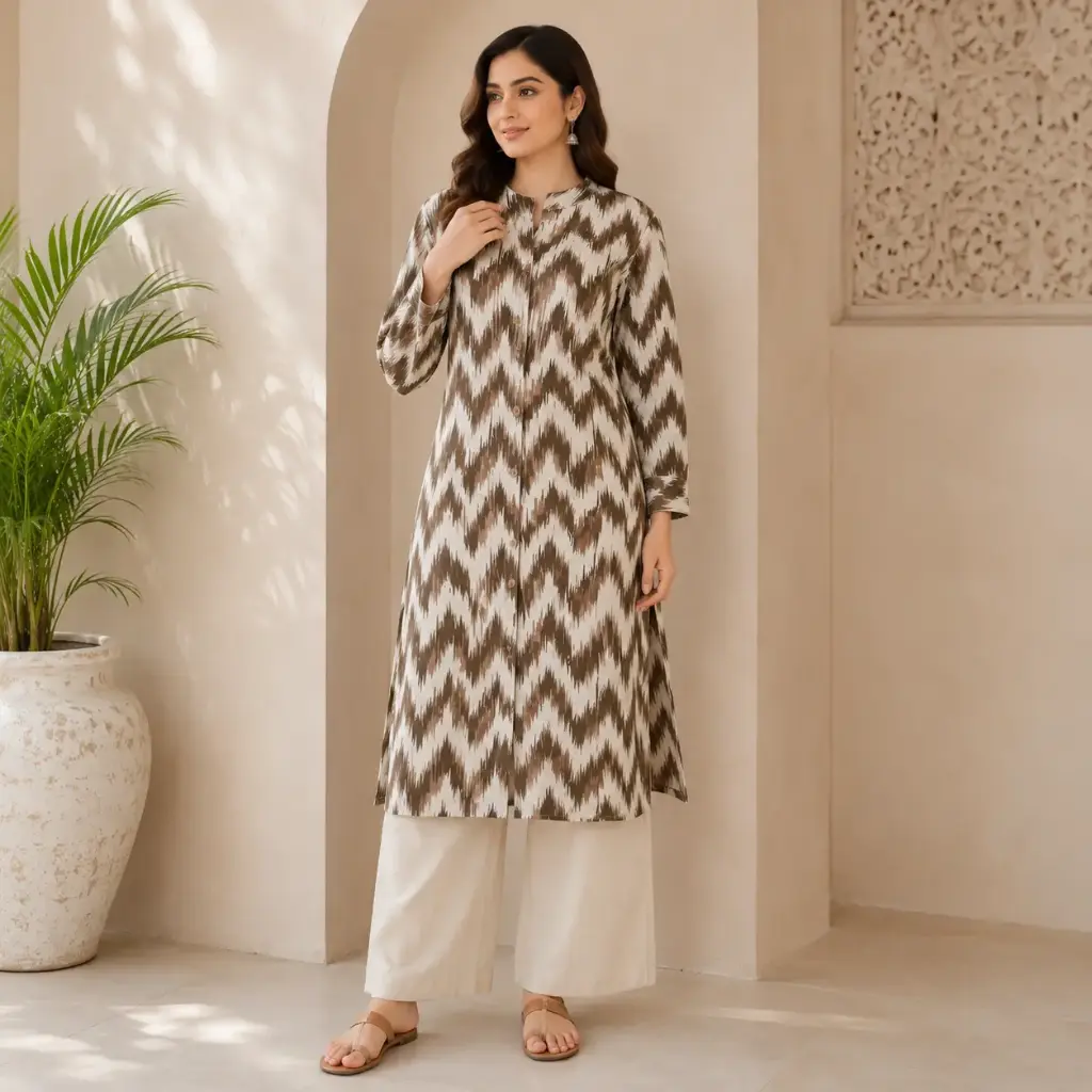 Women's Brown Ikat Print Straight Kurti | Mandarin Collar Button Down Ethnic Kurta