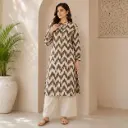 Women's Brown Ikat Print Straight Kurti | Mandarin Collar Button Down Ethnic Kurta