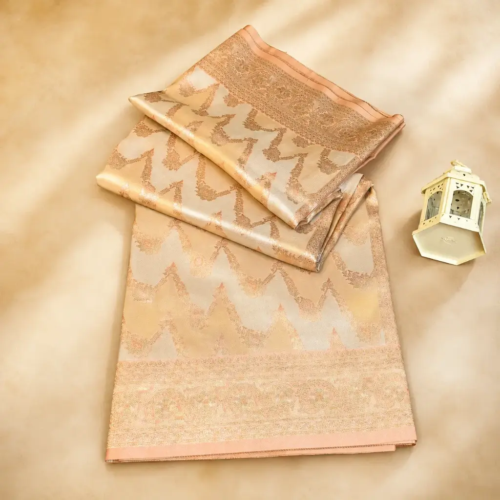 Peach Beige Banarasi Style Saree with Rose Gold Zari Weave