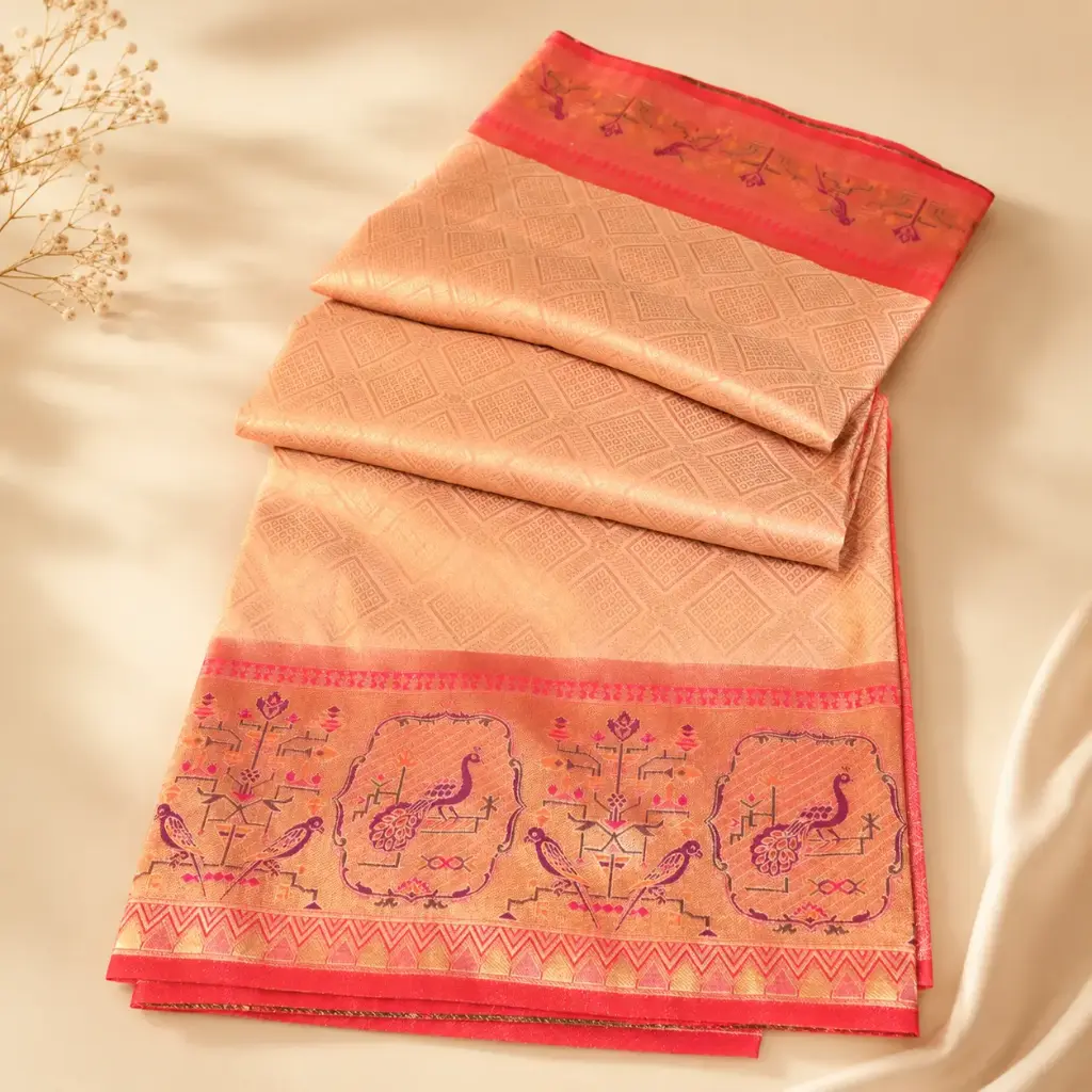 Peach Orange Gold Banarasi Style Saree with Peacock Border and Diamond Zari Weave
