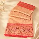 Peach Orange Gold Banarasi Style Saree with Peacock Border and Diamond Zari Weave