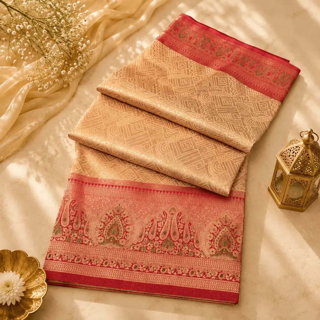 Beige Gold Banarasi Silk Saree with Pink Paisley Border & Geometric Zari Woven