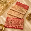 Beige Gold Banarasi Silk Saree with Pink Paisley Border & Geometric Zari Woven