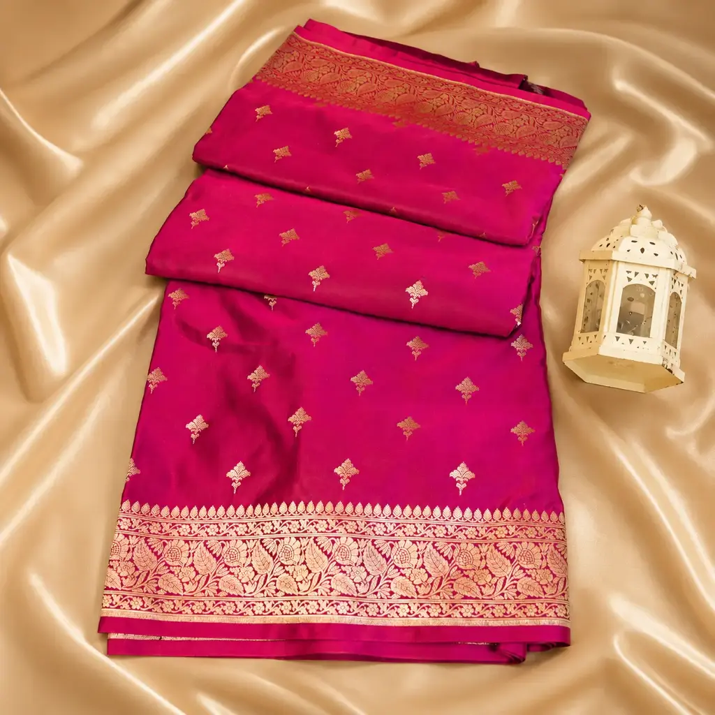 Fuchsia Pink Silk Saree with Gold Zari Floral Border & Buti Work