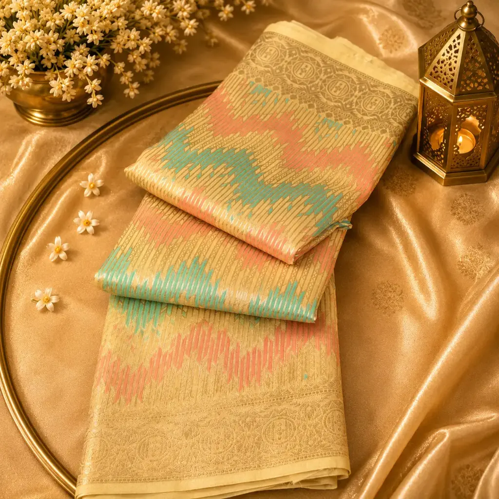 Elegant Cream Banarasi Silk Blend Saree with Pastel Zigzag Zari Weave & Designer Border for Women 