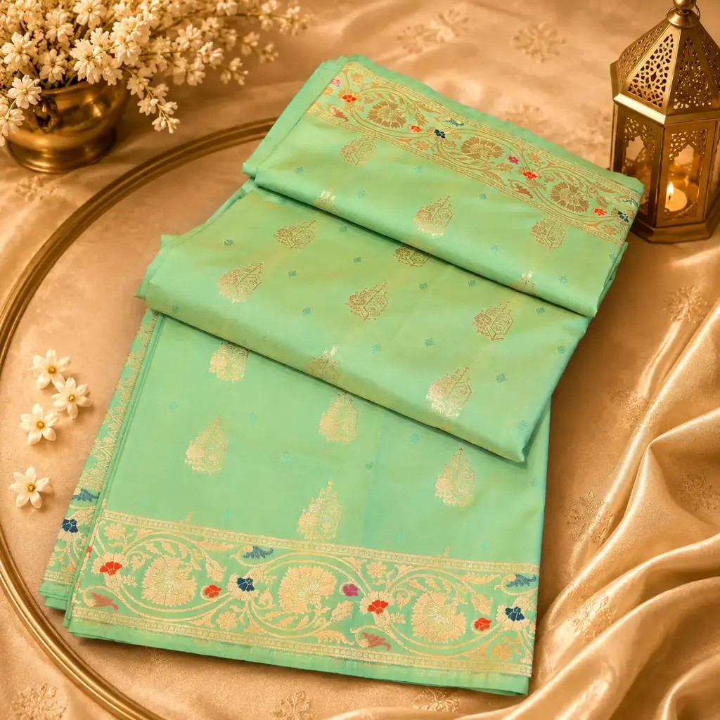 Sea Green Banarasi Silk Saree with Gold Zari Butta & Floral Border Elegant Festive Traditional Wear 