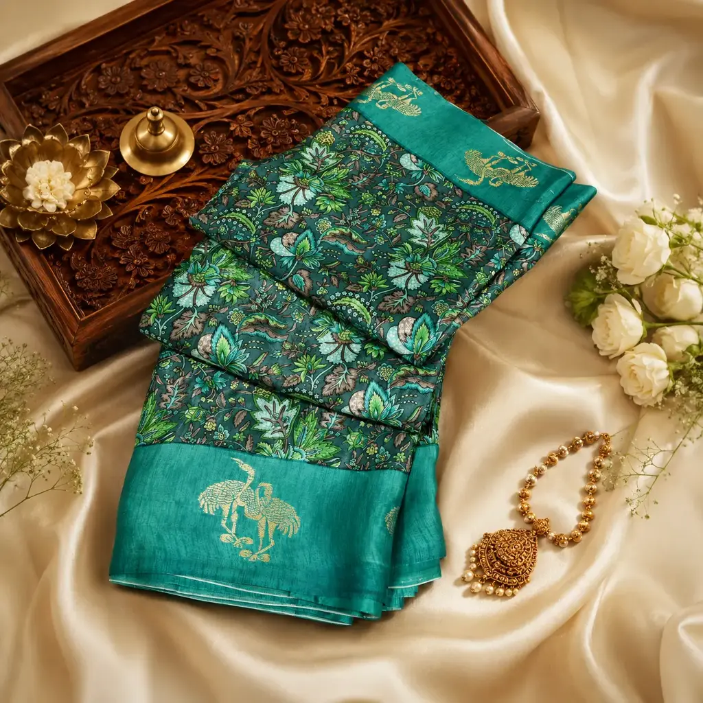 Teal Green Floral Printed Silk Blend Saree with Crane Motif Border