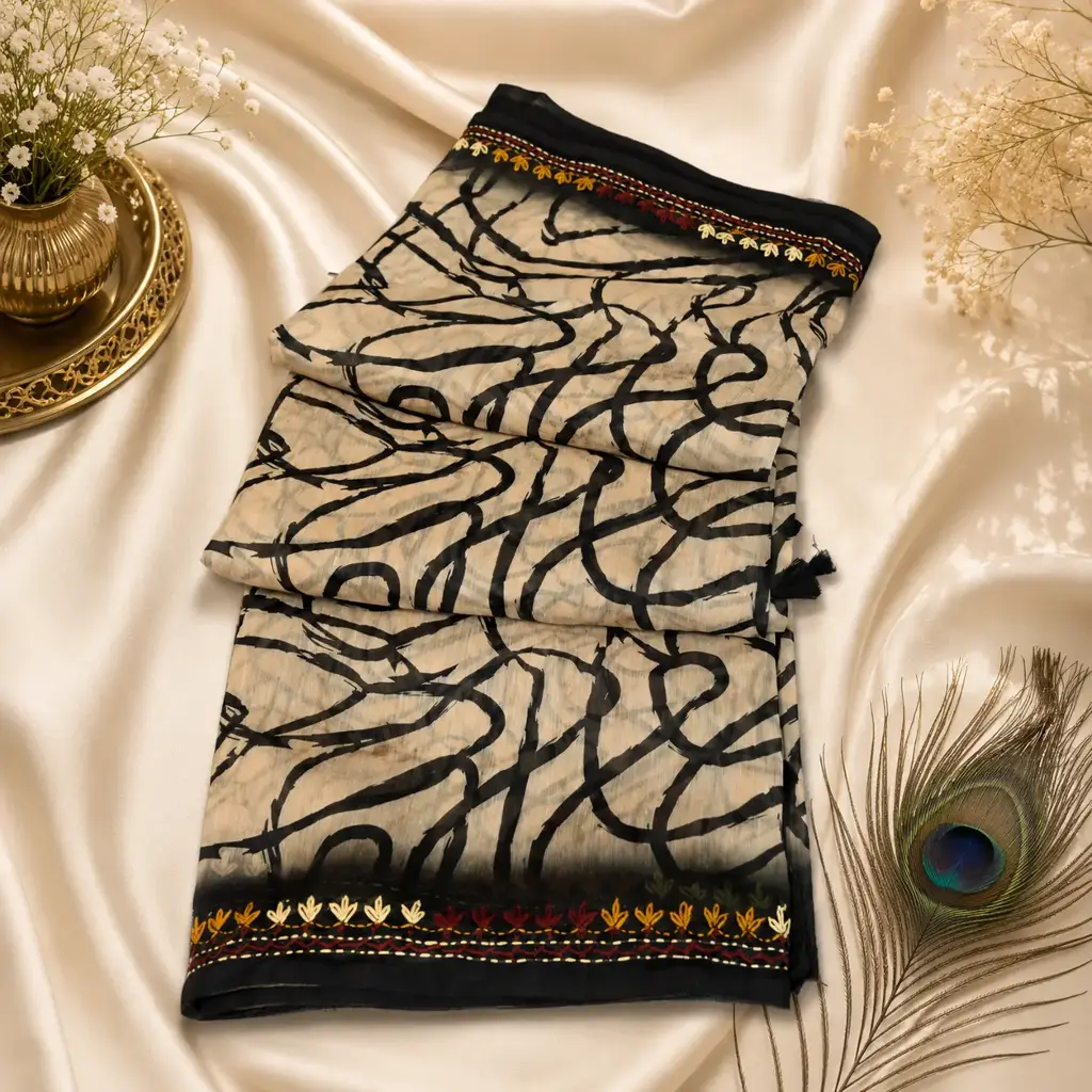 Elegant Beige & Black Abstract Printed Saree with Embroidered Border