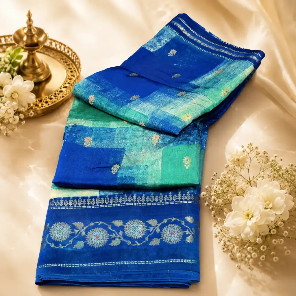 Royal Blue & Teal Silk Blend Saree with Floral Woven Border