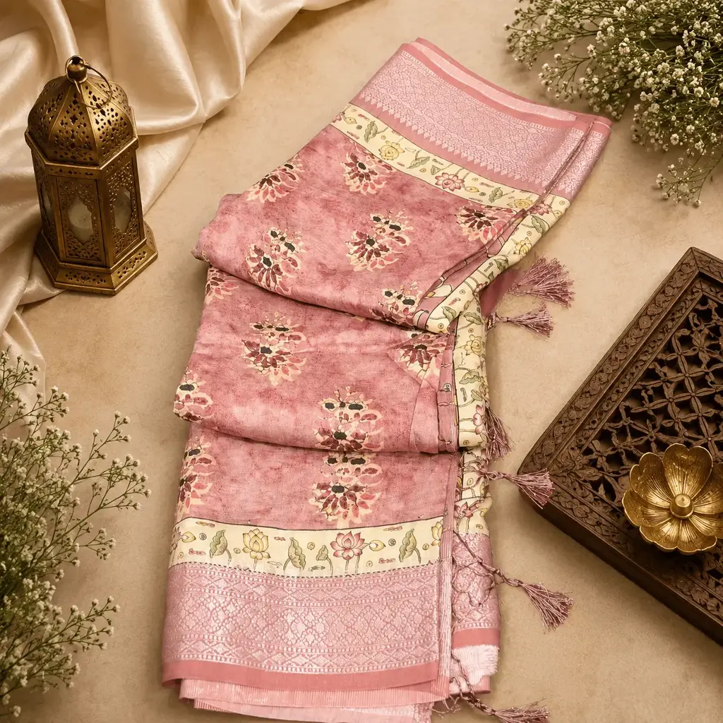 Dusty Rose Floral Printed Cotton Silk Saree with Elegant Zari Border