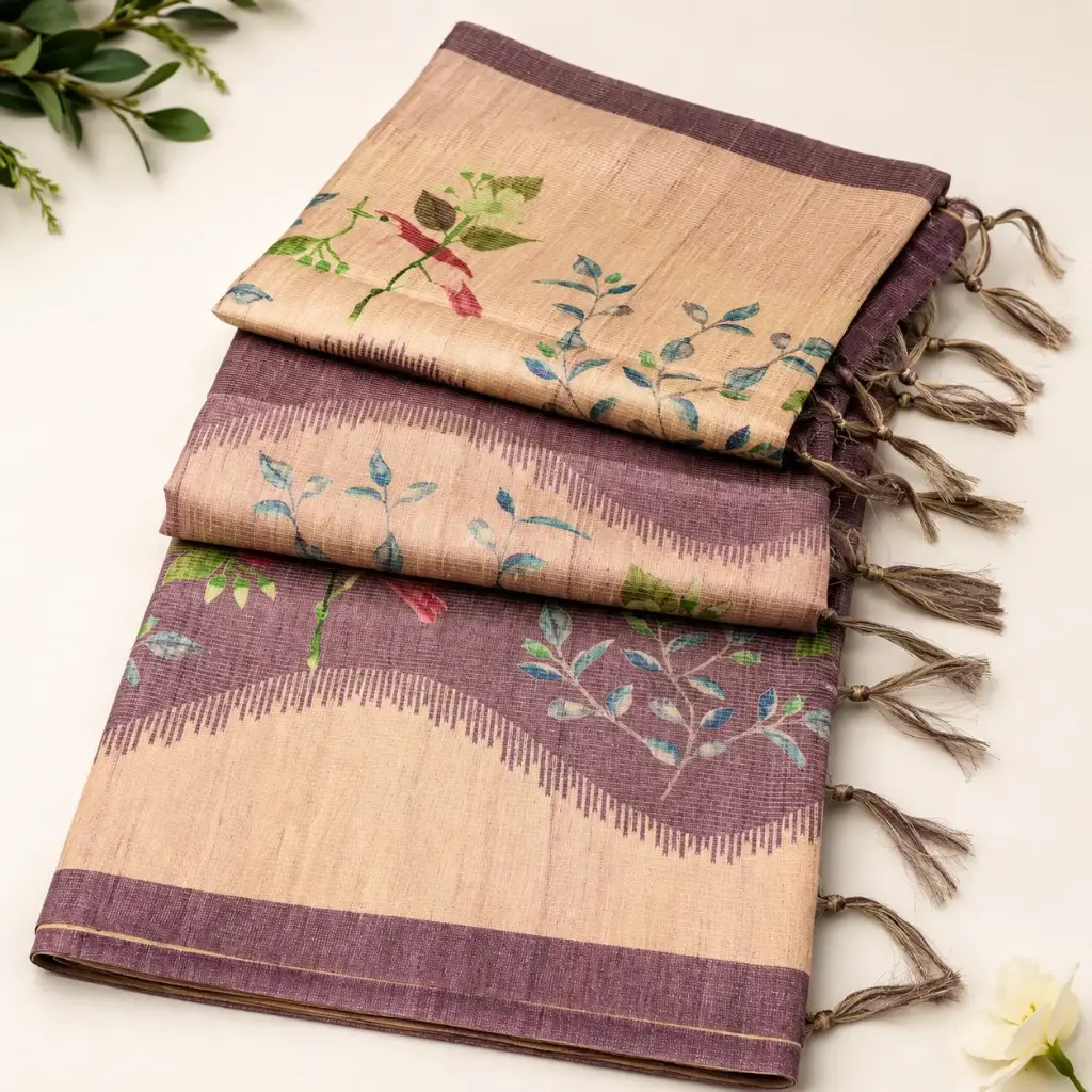 Beige Mauve Floral Printed Linen Look Saree with Tassels, Soft Woven Designer Ethnic Wear 