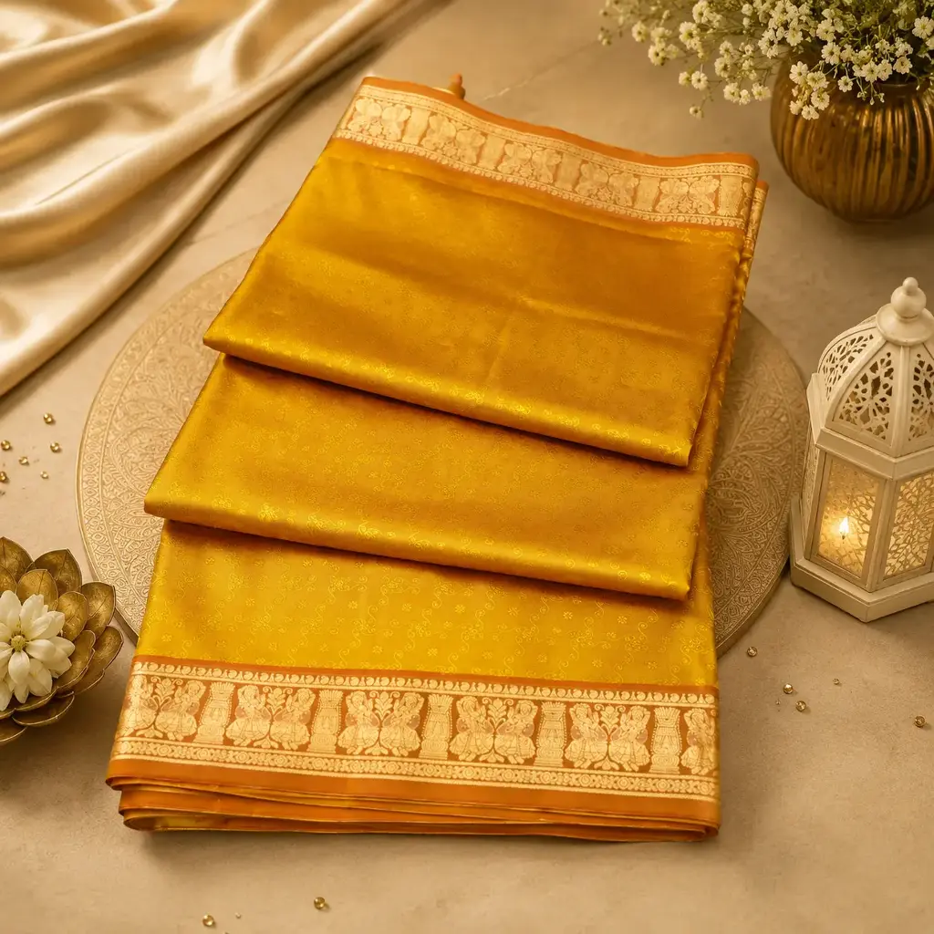 Olive Green Banarasi Silk Saree with Gold Zari Temple Border