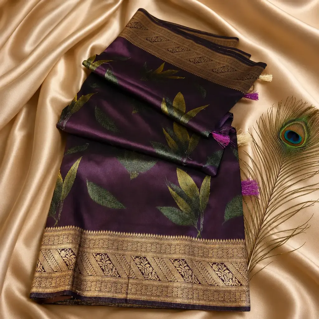 Royal Wine Purple Saree with Golden Zari Border, Leaf Motifs & Tassels
