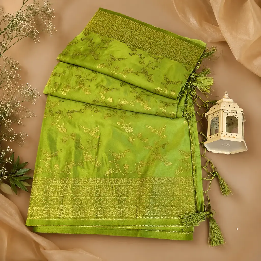 Elegant Parrot Green Banarasi Silk Saree with Gold Floral Zari Weave & Rich Traditional Tassel Pallu