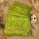 Elegant Parrot Green Banarasi Silk Saree with Gold Floral Zari Weave & Rich Traditional Tassel Pallu