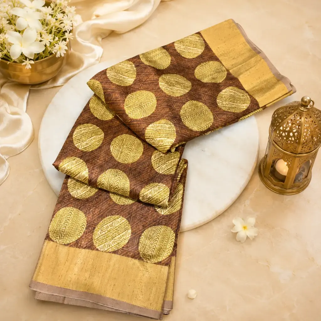 Brown & Beige Printed Silk Blend Saree with Gold Circular Motifs