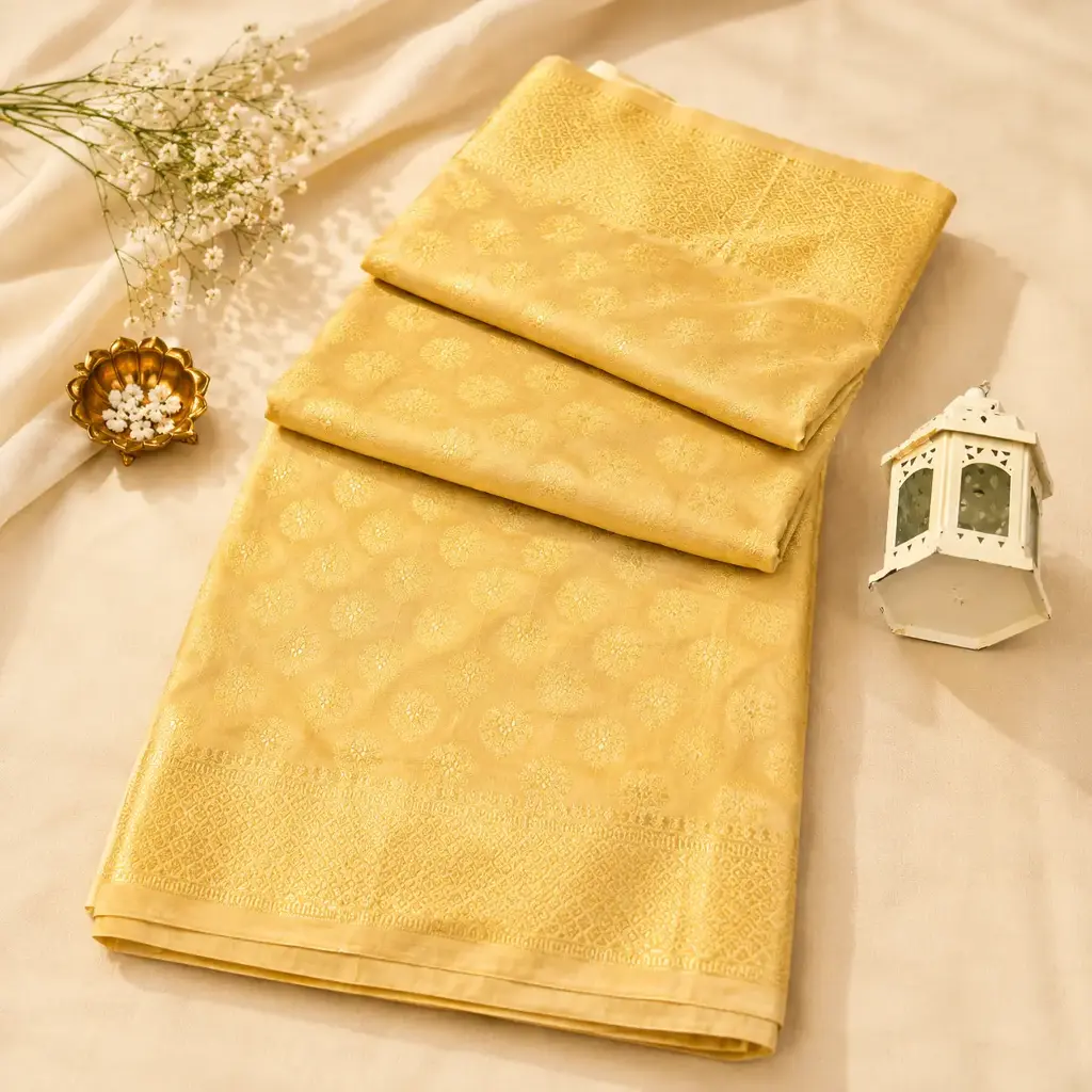 Light Gold Silk Saree with Jacquard Buti Weave & Woven Border