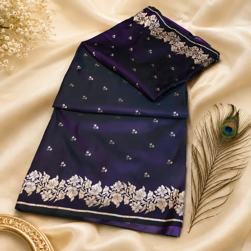 Elegant Deep Purple Silk Blend Saree with Silver Floral Zari Border & Buti Work