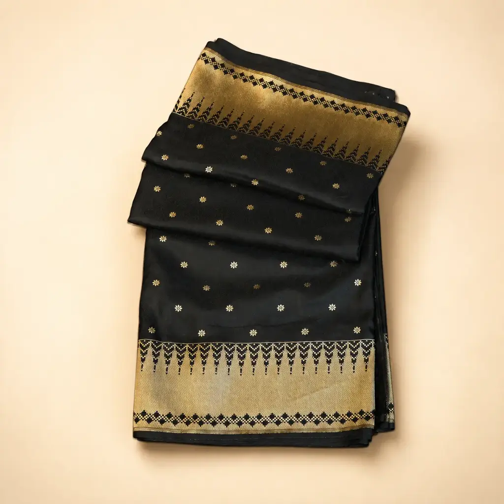 Elegant Black Saree with Rose Gold Floral Embroidered Border and Tassel Pallu