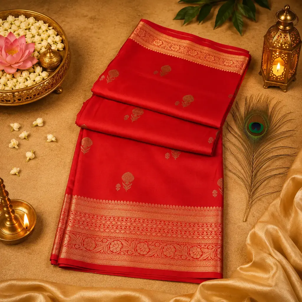 Elegant Coral Red Banarasi Silk Saree with Golden Zari Border and Butta Work