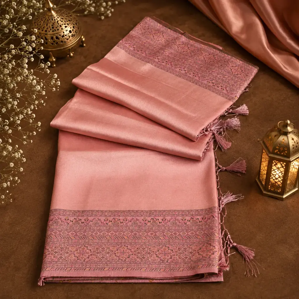 Elegant Peach Pink Banarasi Silk Saree with Designer Border & Tassels