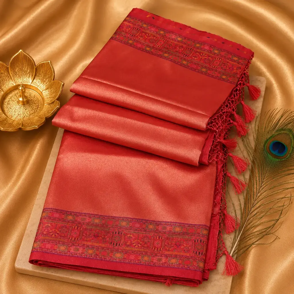 Elegant Coral Pink Silk Saree with Traditional Woven Border & Tassel Pallu