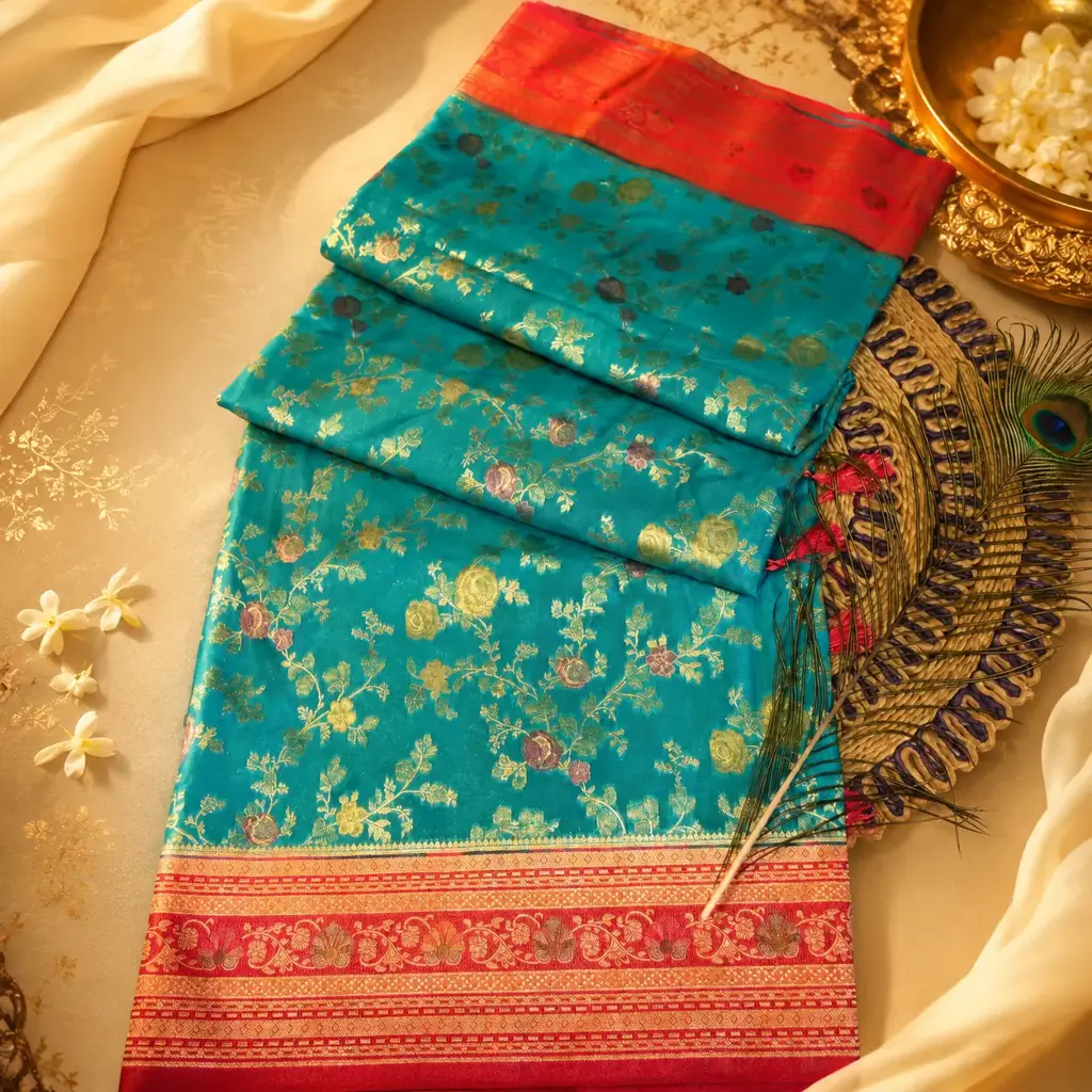 Elegant Turquoise Banarasi Silk Saree with Floral Zari Weave & Pink Contrast Border