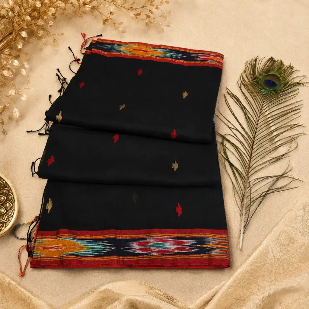 Elegant Black Handloom Cotton Saree with Ikat Border & Traditional Woven Motifs