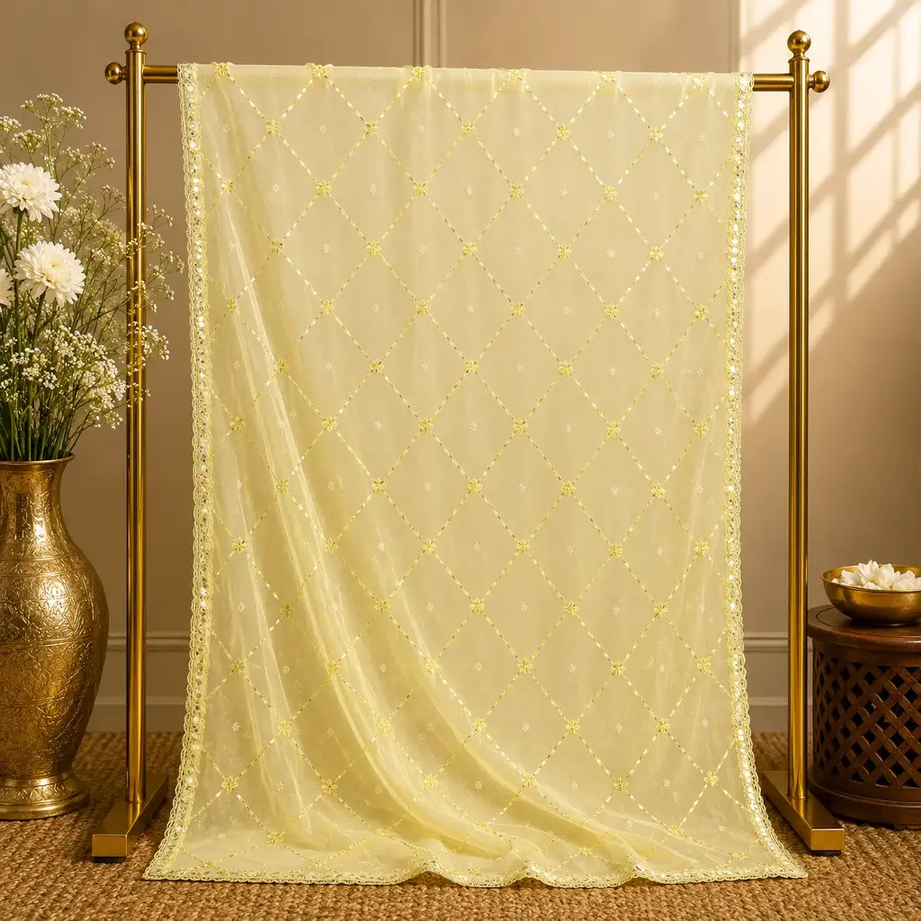 Pastel Yellow Sheer Dupatta with Mirror Lattice, Floral Accents and Delicate Border