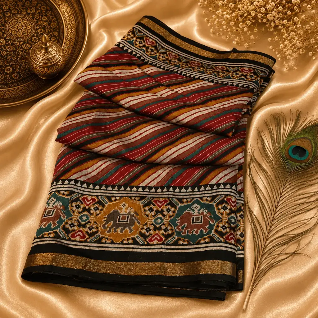 Elegant Multicolor Printed Cotton Saree with Tribal Elephant Border & Traditional Ethnic Wear