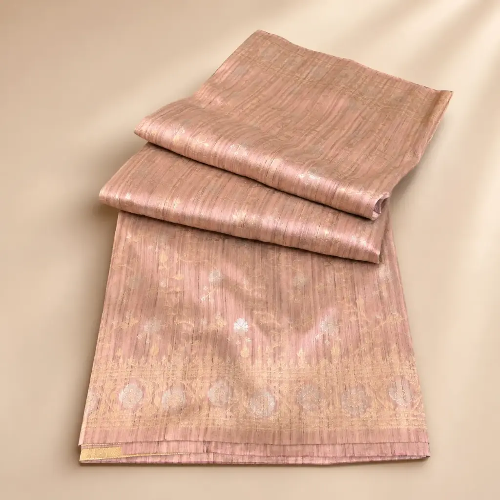 Dusty Rose Gold Banarasi Style Saree with Floral Zari Border