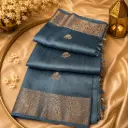 Steel Blue Banarasi Silk Blend Saree with Gold Zari Floral Border & Elegant Traditional Weave 