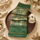 Teal Green Silk Blend Saree with Gold Floral Print & Striped Border