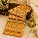 Mustard Orange Printed Silk Blend Saree with Ikat Inspired Border