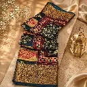 Navy Blue Silk Blend Saree with Gold Zari Border & Traditional Floral Prints