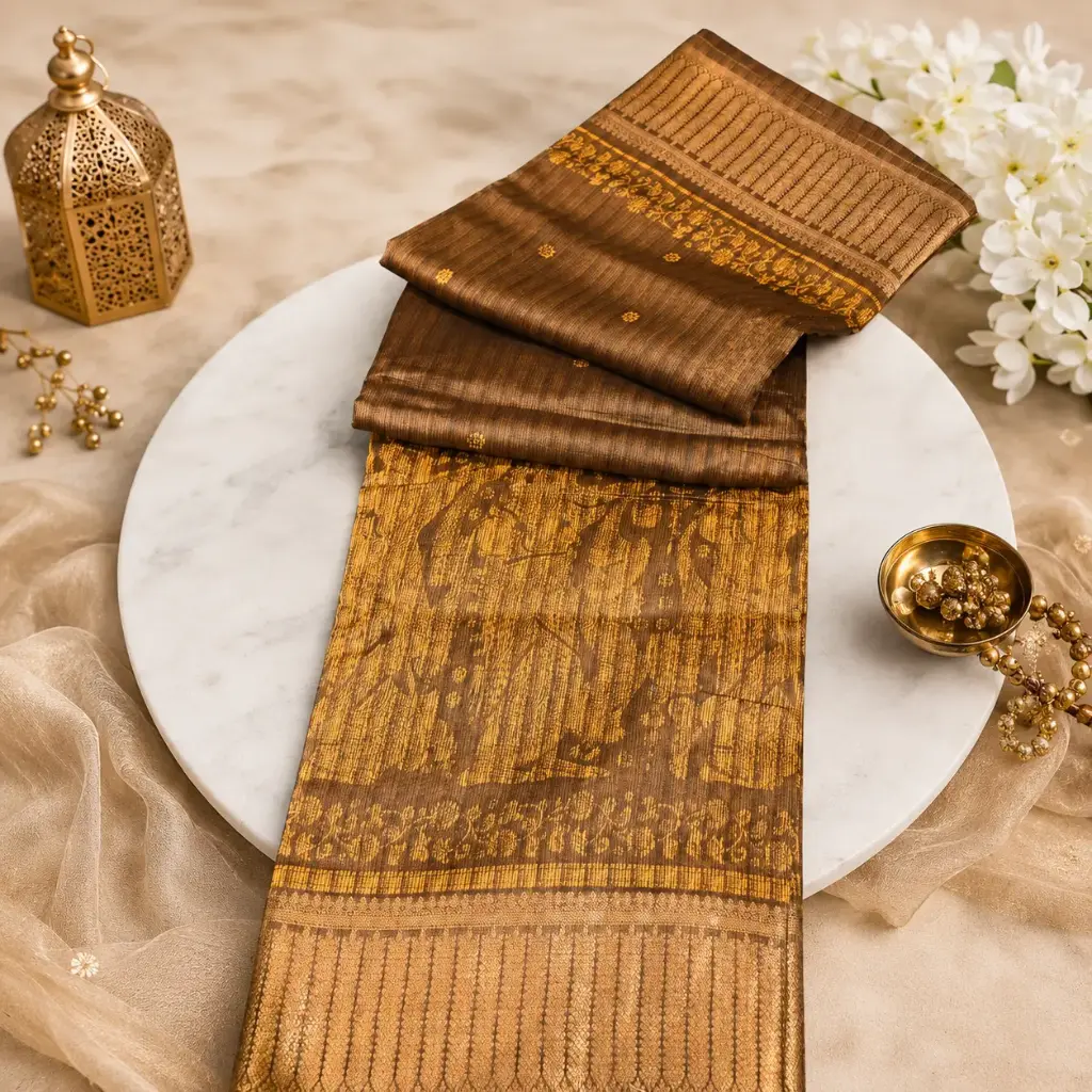 Brown Silk Blend Saree with Antique Gold Woven Border & Traditional Pallu