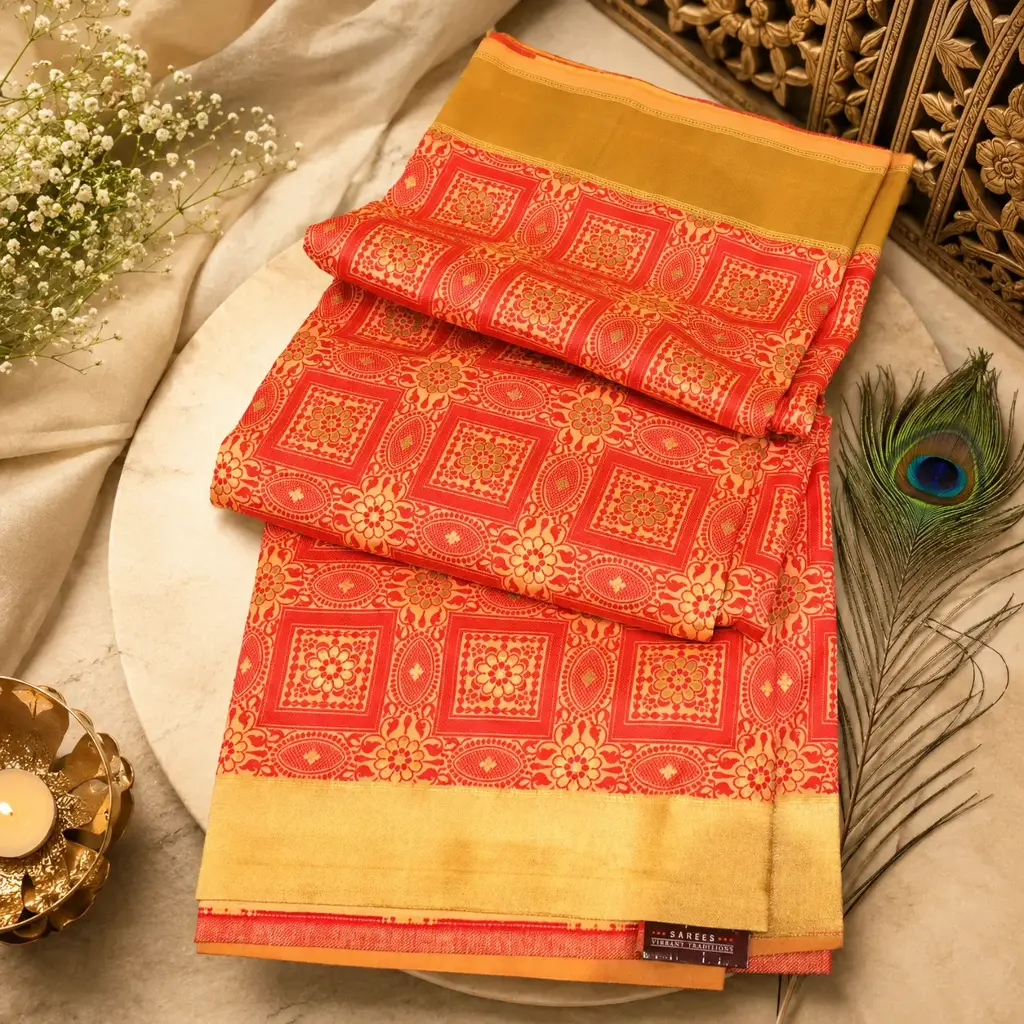 Women's Peach Pink Silk Blend Saree with Gold Border