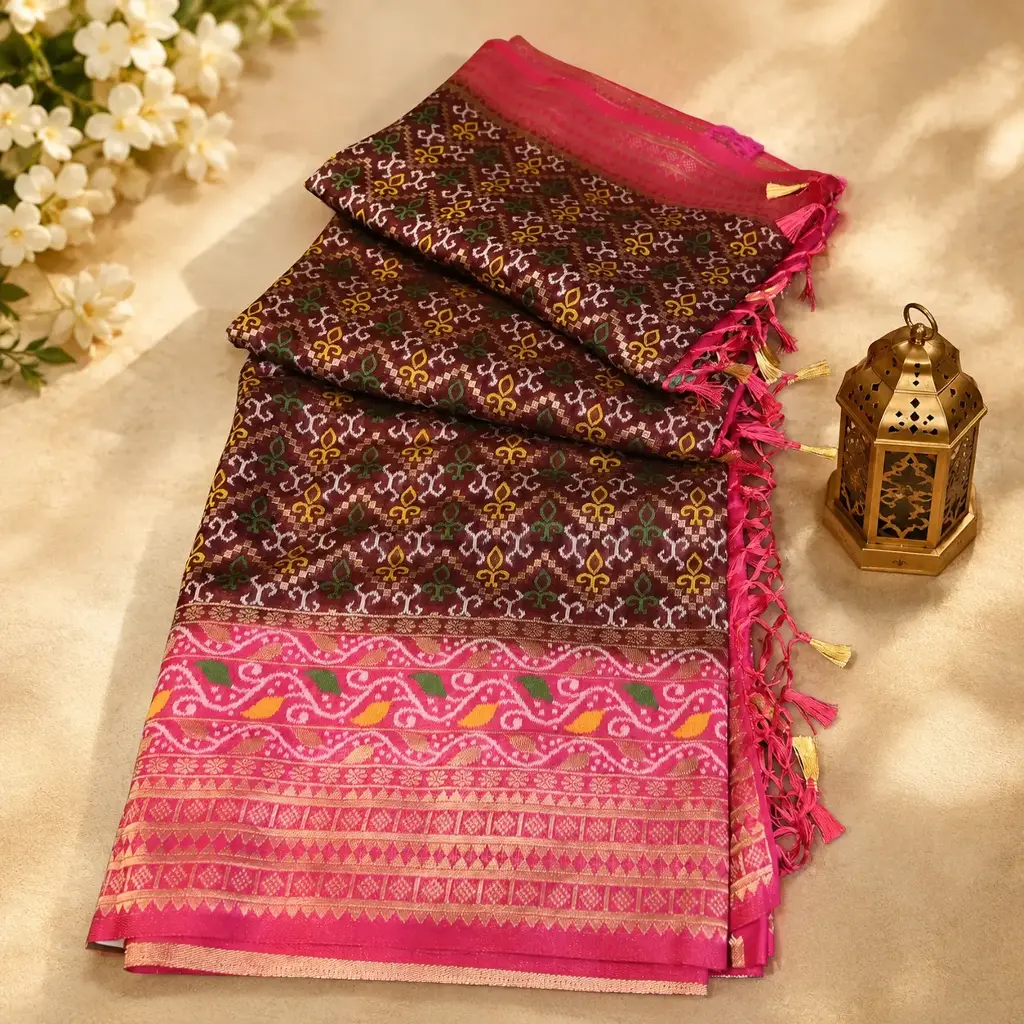 Maroon Brown Silk Saree with Pink Zari Border, Multicolor Motifs & Tassels