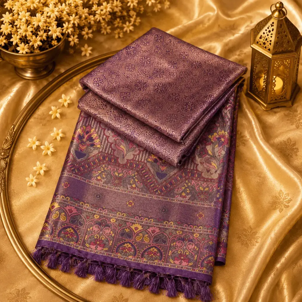 Purple Banarasi Silk Saree with Intricate Woven Floral Border & Rich Traditional Ethnic Design 