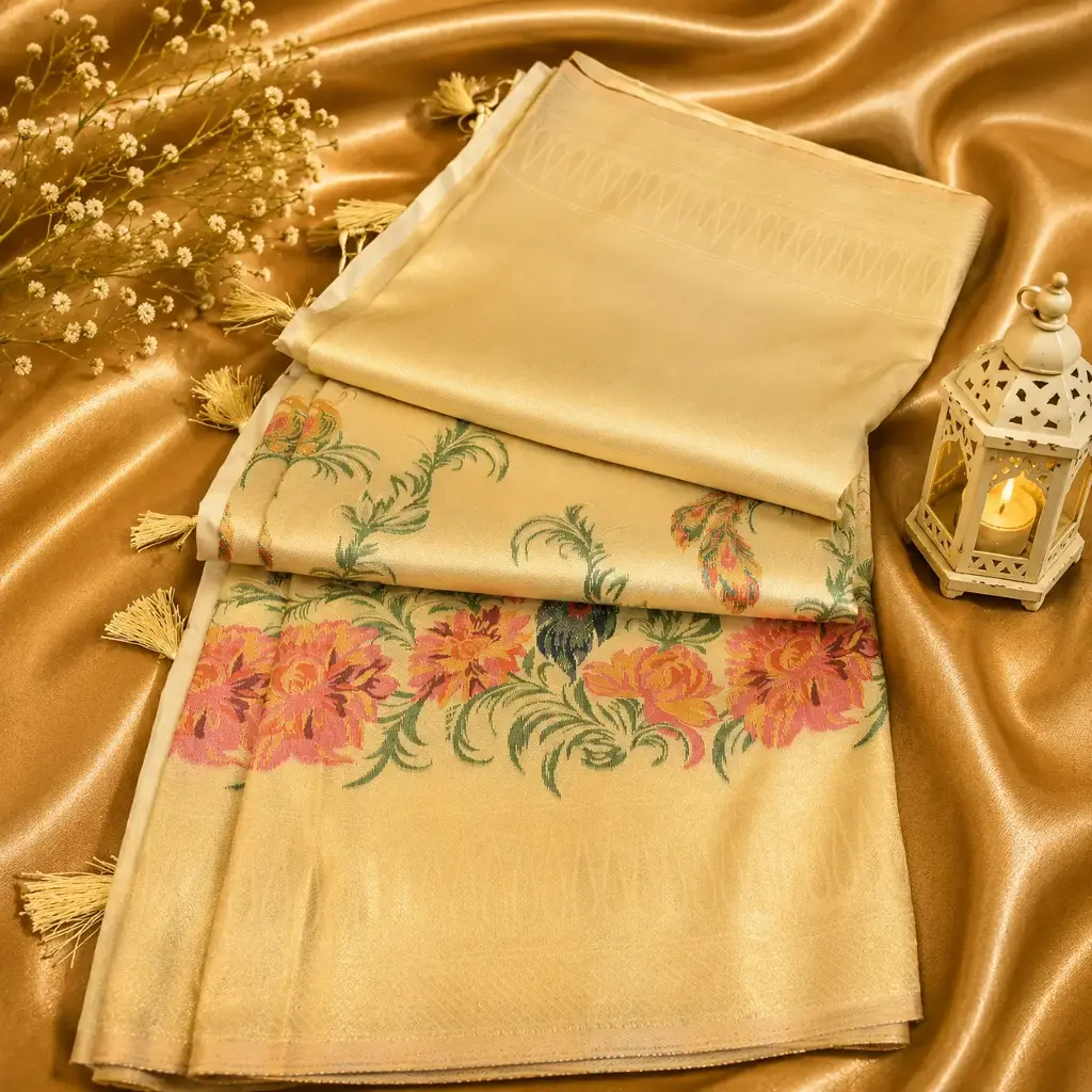 Premium Cream Floral Woven Silk Saree with Elegant Tassels