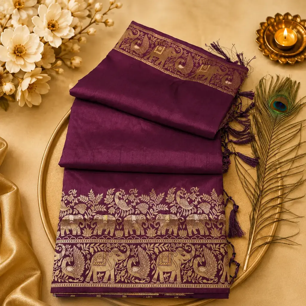 Royal Purple Silk Blend Saree with Golden Elephant Zari Border & Tassel Pallu