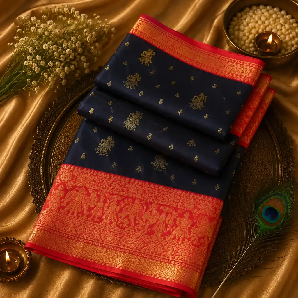 Navy Blue Banarasi Silk Saree with Coral Pink Zari Border & Gold Buti