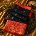 Navy Blue Banarasi Silk Saree with Coral Pink Zari Border & Gold Buti